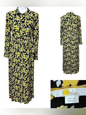 Boden Jessie Maxi Shirt Dress 12R yellow/black floral 3/4 sleeve stretch waist